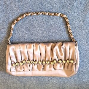 Bijoux Terner Silver Gray Beaded Evening Bag Chain Handle Ruched Flap